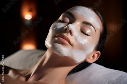 Young woman with closed eyes at spa with cream on face, beauty photo concept, skin care, spa concept, treatment, facial massage