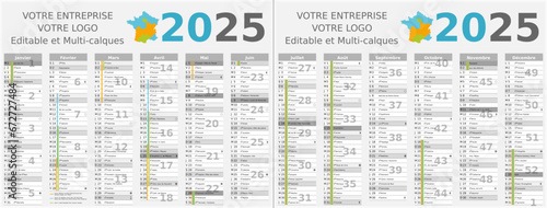 Calendrier 2025 12 mois au format 320 x 420 mm recto verso entièrement modifiable via calques et texte sans serif