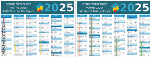 Calendrier 2025 12 mois au format 320 x 420 mm recto verso entièrement modifiable via calques et texte sans serif