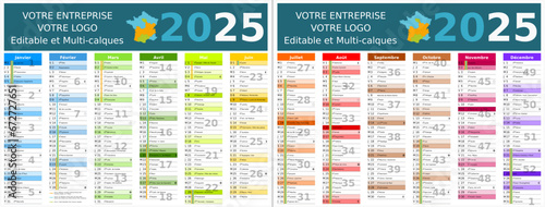 Calendrier 2025 12 mois au format 320 x 420 mm recto verso entièrement modifiable via calques et texte sans serif
