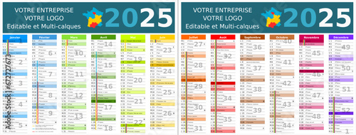 Calendrier 2025 12 mois au format 320 x 420 mm recto verso entièrement modifiable via calques et texte sans serif