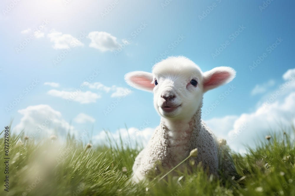 Cute lamb on green grass under blue sky with white clouds. Cute lamb on green grass under blue sky with white clouds.