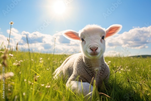 Cute lamb on green grass under blue sky with white clouds.