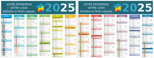 Calendrier 2025 12 mois au format 320 x 420 mm recto verso entièrement modifiable via calques et texte sans serif