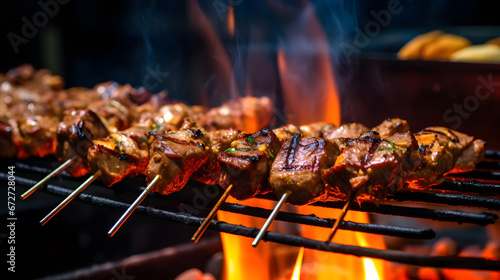 charred beef skewers, delicious grilled meat skewers on the bbq rack with flames and sparks