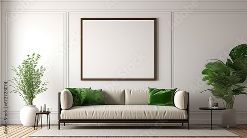 Empty frame without picture with magnification ,living room with green sofa, decoration edge photo