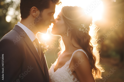 stunning wedding photography, bride kisses groom, lens flare, aesthetic  photo