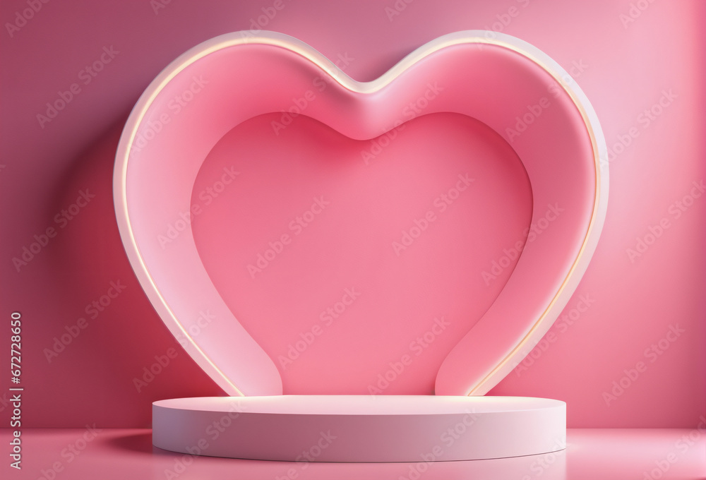 Pink Rounded Pedestal Stage Light Illuminated with Heart Shaped Decorations Background for Product Placement