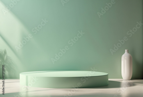 Empty Green Rounded Pedestal Stage and Vase with Natural Lighting for Product Placement