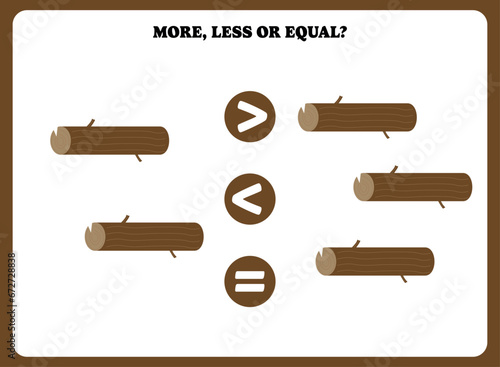 More less or equal. Educational math game for kids. Printable worksheet design for preschool, kindergarten or elementary students. Comparing objects.