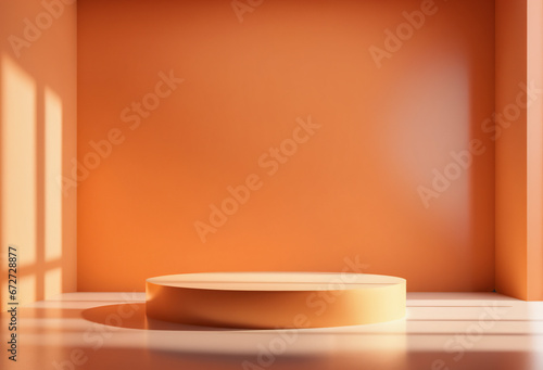 Empty Orange Rounded Pedestal Stage Background with Natural Lighting for Product Placement