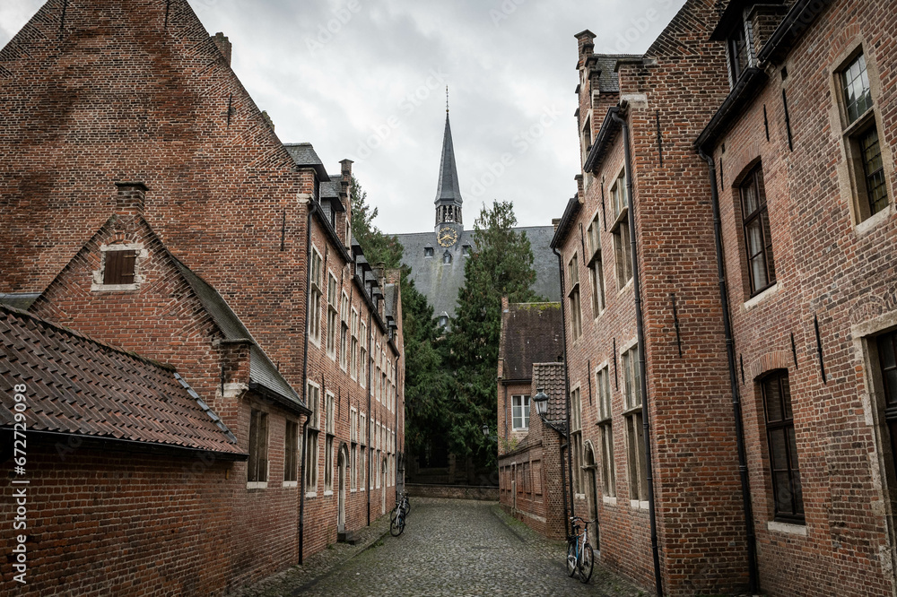 residential houses in the Groot Begijnhof historic district of Leuven in Belgium on grey rainy day. Atmospheric street photography showing old stone streets with pretty red brick buildings