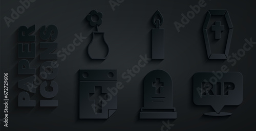Set Grave with tombstone, Coffin cross, Calendar death, Speech bubble rip, Burning candle and Flower vase icon. Vector