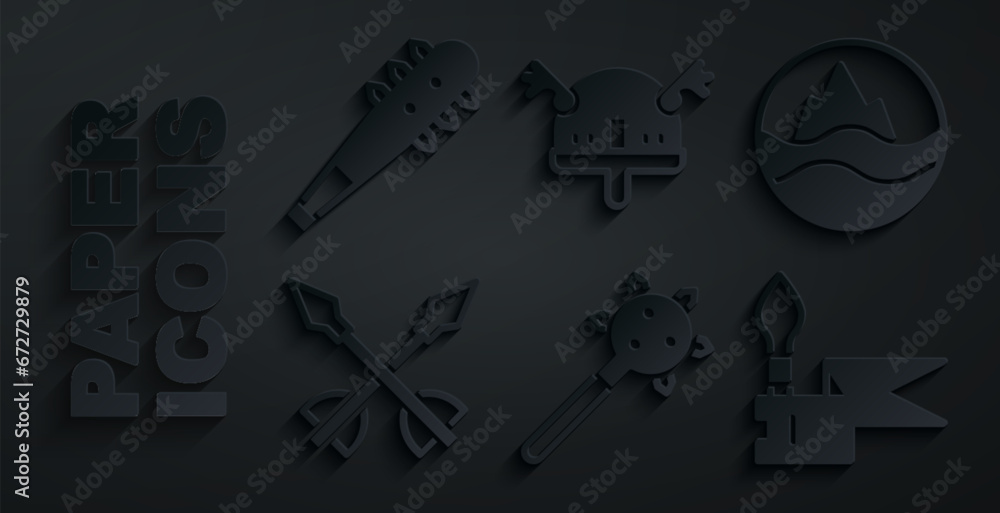Set Mace with spikes, Sea and waves, Medieval arrows, spear, Viking in horned helmet and icon. Vector
