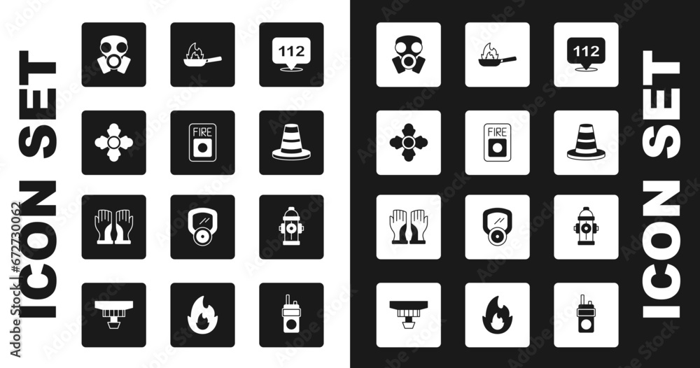 Set Emergency call, Fire alarm system, Firefighter, Gas mask, Traffic cone, Pan with fire, hydrant and gloves icon. Vector Set Emergency call, Fire alarm system, Firefighter, Gas mask, Traffic cone, Pan with fire, hydrant and gloves icon. Vector