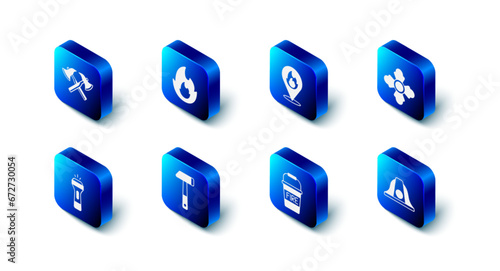 Set Fire flame, Location with fire, Firefighter, helmet, bucket, Hammer, Flashlight and axe icon. Vector