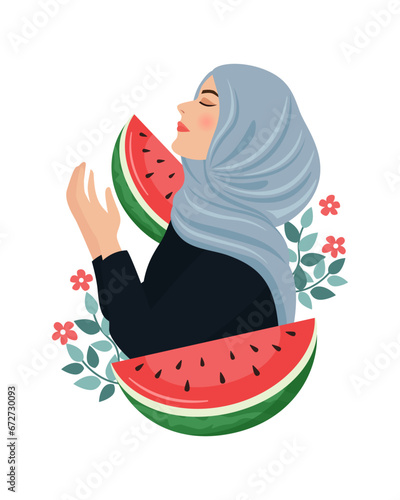Muslim girl praying and pieces of watermelon. Free palestine symbol.