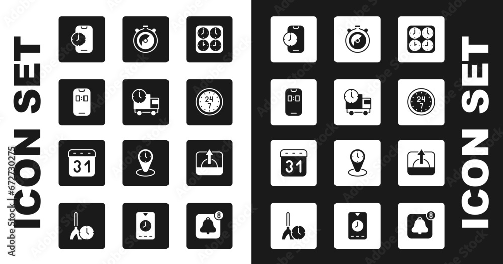 Set Time zone clocks, Delivery truck and time, Alarm app mobile, Clock 24 hours, Stopwatch, Sunrise and Calendar icon. Vector Set Time zone clocks, Delivery truck and time, Alarm app mobile, Clock 24 hours, Stopwatch, Sunrise and Calendar icon. Vector