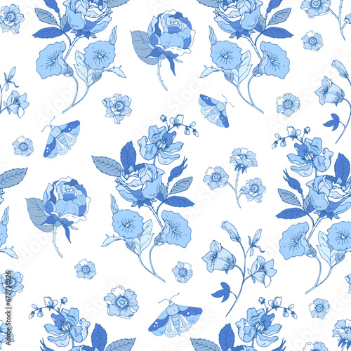 Vintage blue floral seamless pattern. Blooming indigo flowers