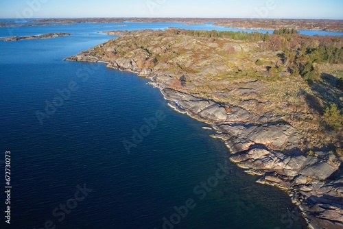 Aerial view of rocky seashore on the island of Kökar in spring, Ahvenanmaa, Finland.