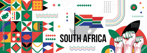 South Africa national or independence day banner for Country celebration. Flag and map of South Africa with raised fists. Modern retro design with typorgaphy abstract geometric icons vector 