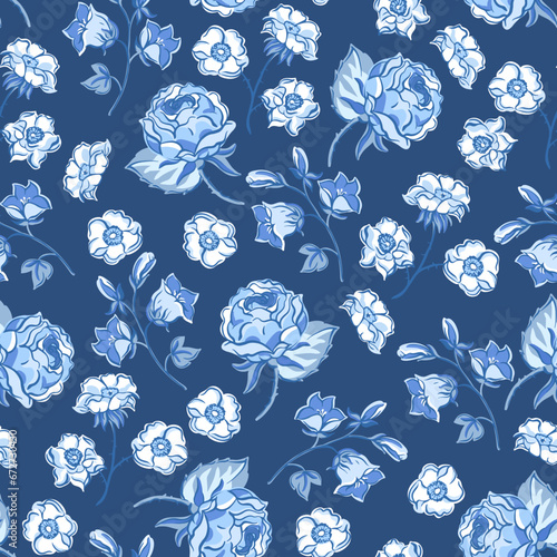 Vintage blue floral seamless pattern. Blooming indigo flowers