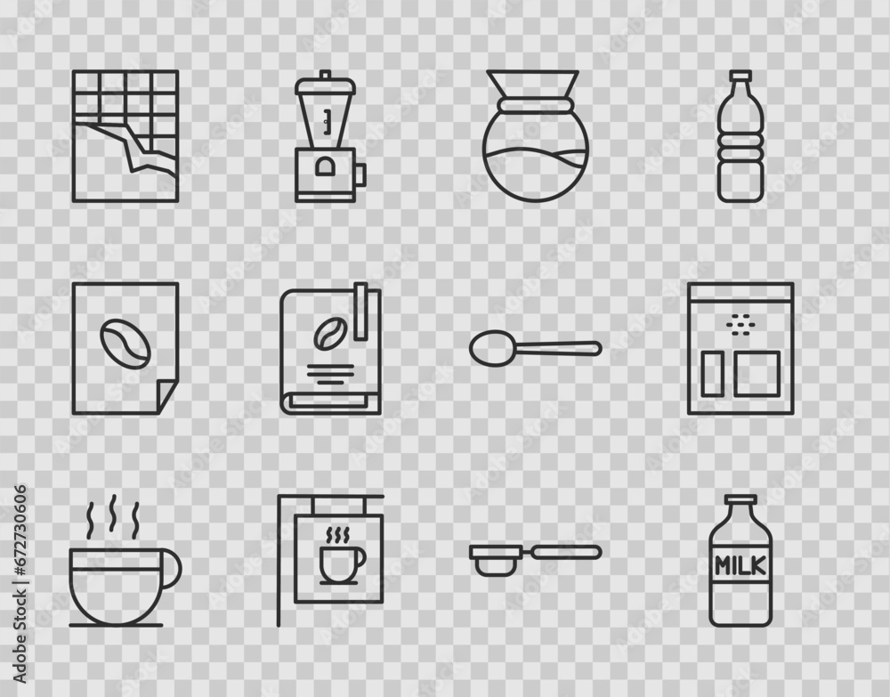 Set line Coffee cup, Bottle with milk, Pour over coffee maker, Street signboard, Chocolate bar, book, filter holder and Bag beans icon. Vector Set line Coffee cup, Bottle with milk, Pour over coffee maker, Street signboard, Chocolate bar, book, filter holder and Bag beans icon. Vector