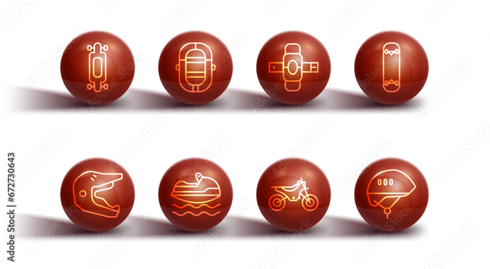 Set line Longboard or skateboard, Motocross motorcycle helmet, Skateboard trick, Mountain bike, Jet ski, Rafting boat, Bicycle and Knee pads icon. Vector Set line Longboard or skateboard, Motocross motorcycle helmet, Skateboard trick, Mountain bike, Jet ski, Rafting boat, Bicycle and Knee pads icon. Vector