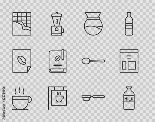 Set line Coffee cup, Bottle with milk, Pour over coffee maker, Street signboard, Chocolate bar, book, filter holder and Bag beans icon. Vector