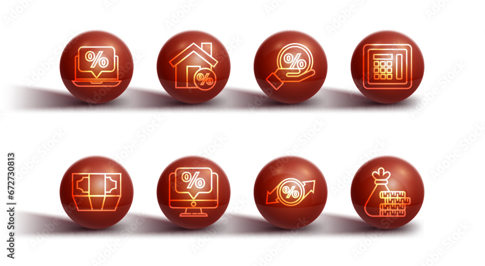Set line Percent discount and laptop, Stacks paper money cash, Safe, Discount percent tag, monitor, House with percant, Money bag coin and icon. Vector Set line Percent discount and laptop, Stacks paper money cash, Safe, Discount percent tag, monitor, House with percant, Money bag coin and icon. Vector