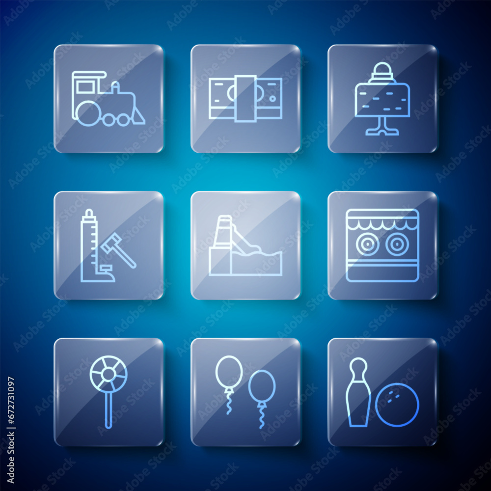 Set line Lollipop, Balloons, Bowling pin and ball, Magic table, Water slide, Striker attraction with hammer, Toy train and Shooting gallery icon. Vector Set line Lollipop, Balloons, Bowling pin and ball, Magic table, Water slide, Striker attraction with hammer, Toy train and Shooting gallery icon. Vector