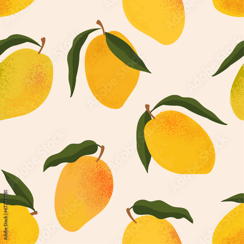 Seamless pattern with fresh bright exotic whole and sliced mango isolated on white background. Summer fruits for healthy lifestyle. Organic fruit. Cartoon style. Vector illustration for any design.