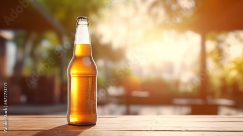 mockup beer bottle  blurry sunny background  copy space  16 9