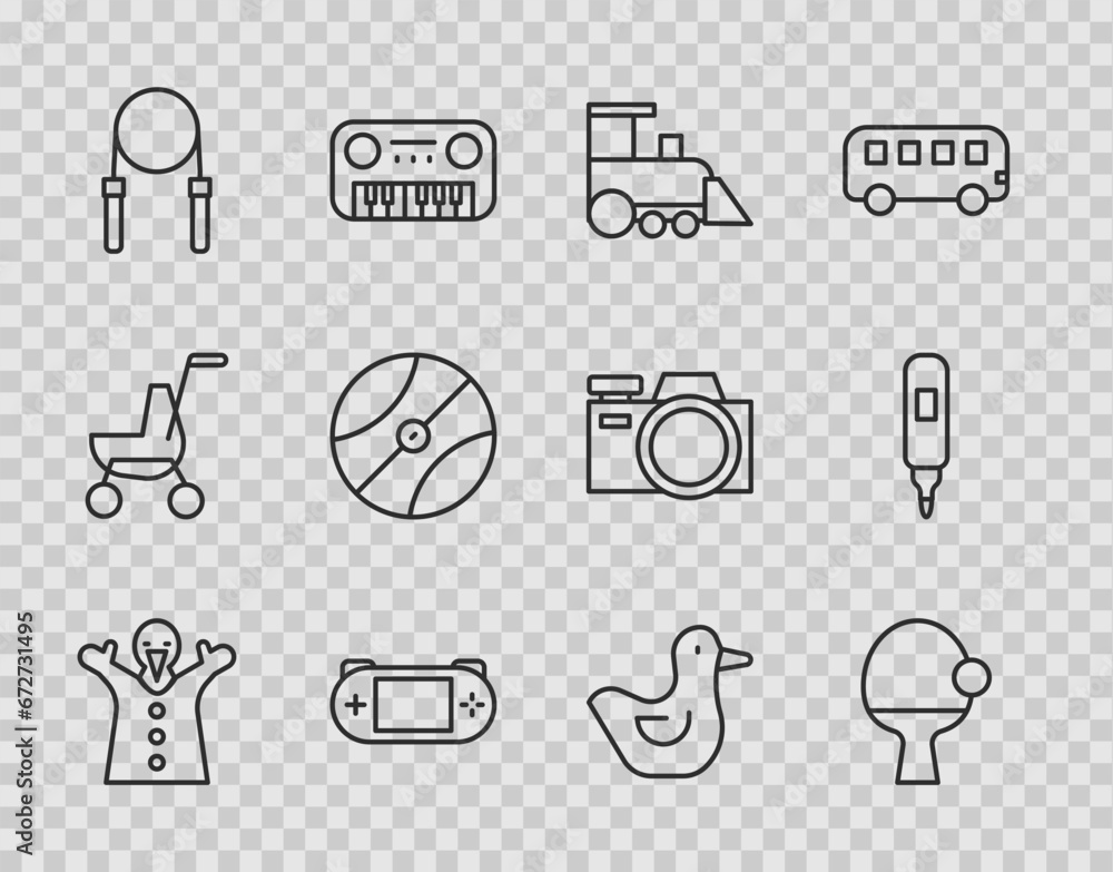 Set line Toy puppet doll on hand, Racket ball, train, Portable video game console, Jump rope, Basketball, Rubber duck and Marker pen icon. Vector Set line Toy puppet doll on hand, Racket ball, train, Portable video game console, Jump rope, Basketball, Rubber duck and Marker pen icon. Vector