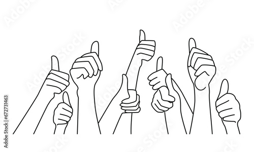 Many hands showing thumb up signs on white background line art vector.