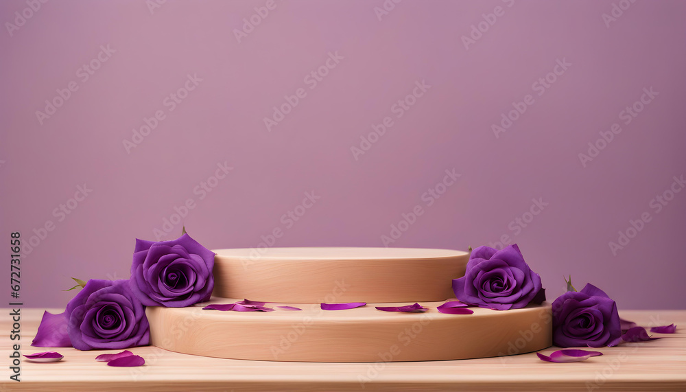Obraz premium Empty wooden podium with purple color roses and petals for display background.