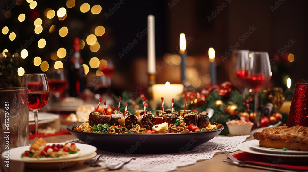 Christmas dinner, delicious homemade food on a platter, candles, bokeh in the background. Generative AI