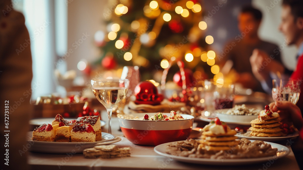 Christmas dinner, delicious desserts on the table, a Christmas tree and people in the bokeh background.Generative AI