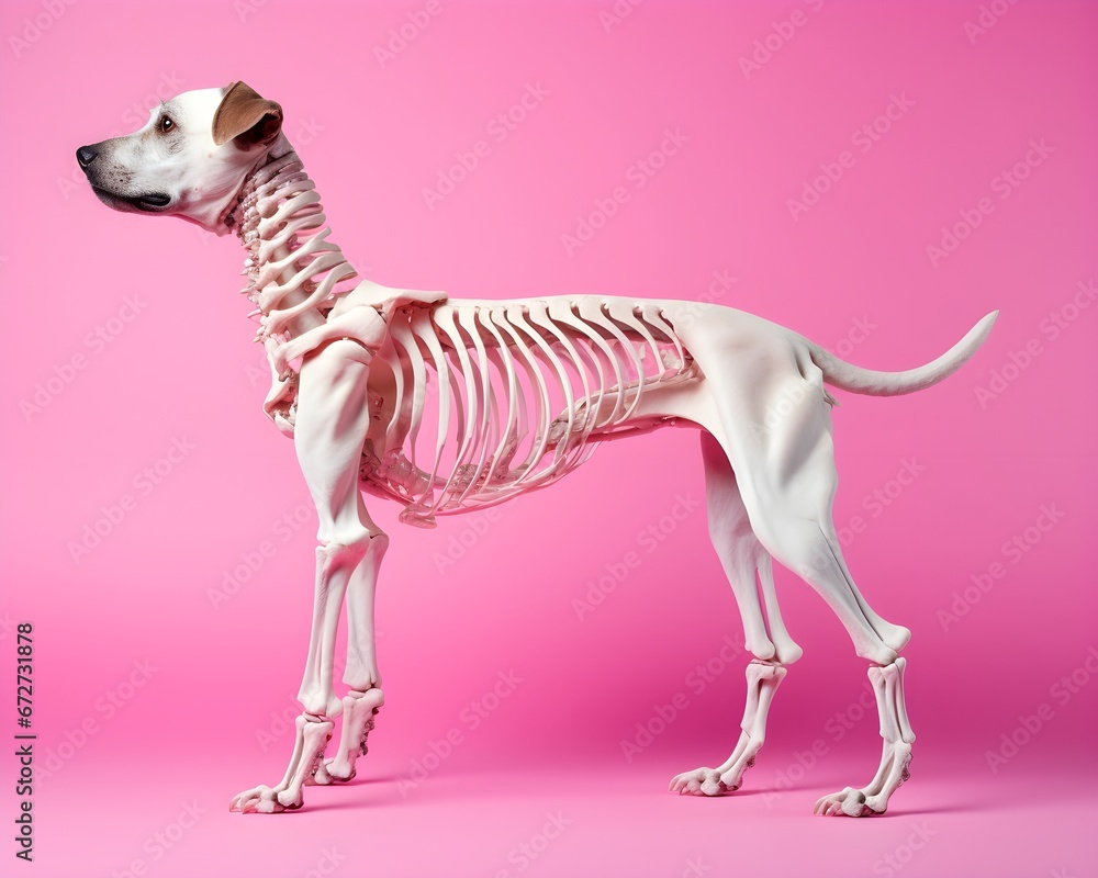 Obraz premium 3d rendered medically accurate illustration of the dog skeleton isolated on modern pink color background, happy pet
