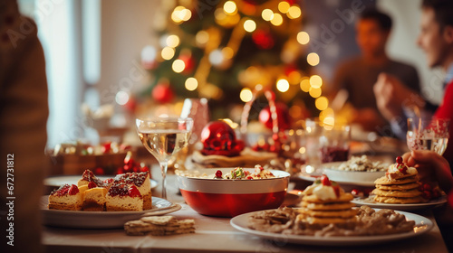 Christmas dinner  delicious desserts on the table  a Christmas tree and people in the bokeh background.Generative AI