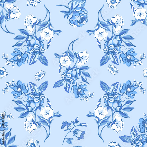 Vintage blue floral seamless pattern. Blooming indigo flowers