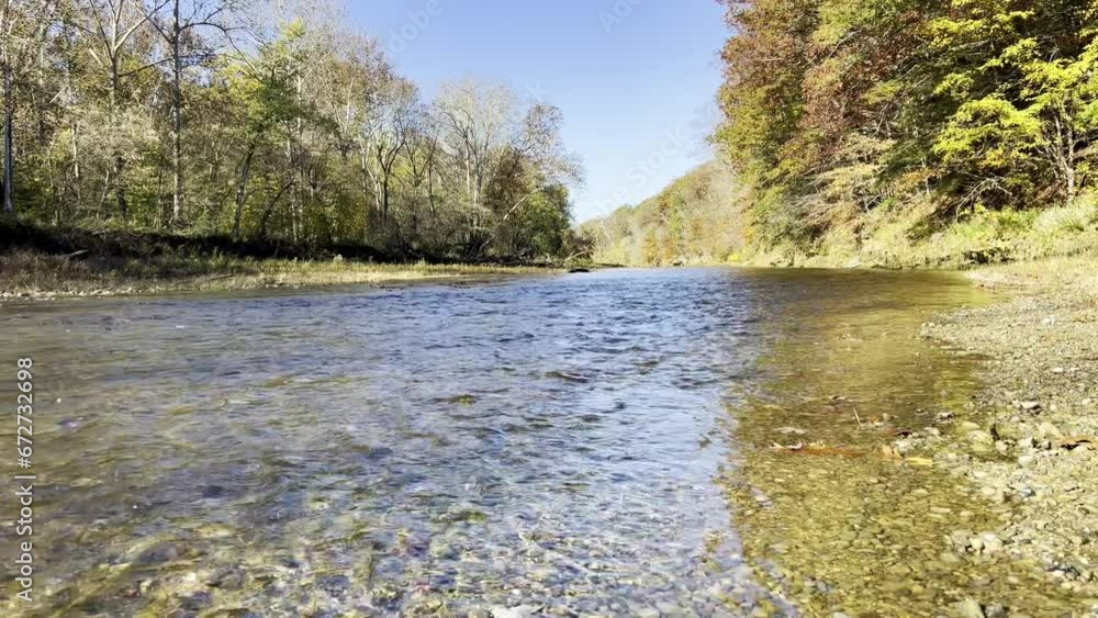A close up video of a river flowing through an autumn forest. The sky is blue and you can see leaves passing by in the water. A close up video of a river flowing through an autumn forest. The sky is blue and you can see leaves passing by in the water.