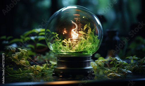 Green energy concept  light bulb with plants growing inside.
