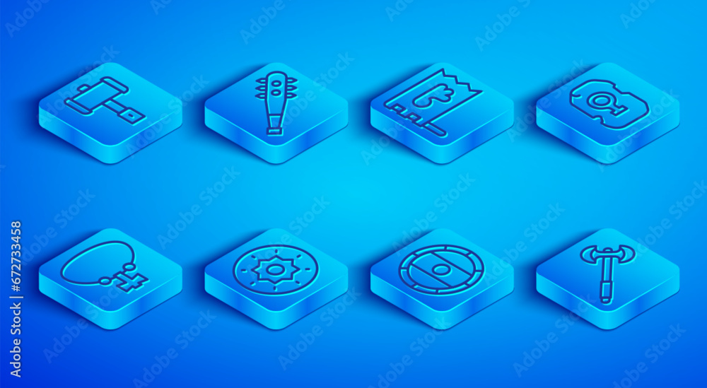 Set line Battle hammer, Mace with spikes, Viking flag, Shield viking, Magic rune, Necklace gem and Medieval poleaxe icon. Vector Set line Battle hammer, Mace with spikes, Viking flag, Shield viking, Magic rune, Necklace gem and Medieval poleaxe icon. Vector