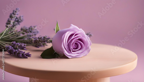 Fototapeta Naklejka Na Ścianę i Meble -  Empty wooden podium with lavender and roses  for display background.