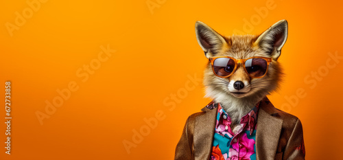 Cool looking fox wearing funky fashion dress - jacket, shirt, dark shades sunglasses. Wide banner with copy space on side. Stylish animal posing. Generative AI photo