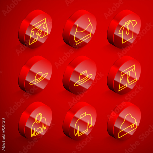 Set line Swimming trunks, Female crop top, Shirt, Elegant women hat, Man, Short or pants, Hoodie and Sweater icon. Vector