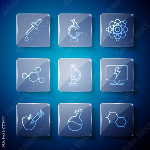 Set line Genetically modified apple, Test tube, Chemical formula, Atom, Microscope, Molecule, Pipette and Lightning bolt icon. Vector