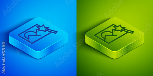 Isometric line Photo retouching icon isolated on blue and green background. Photographer, photography, retouch icon. Square button. Vector