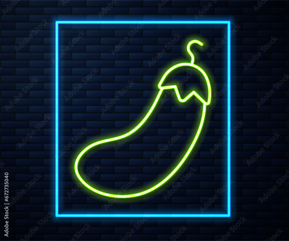Glowing neon line Eggplant icon isolated on brick wall background. Vector Glowing neon line Eggplant icon isolated on brick wall background. Vector